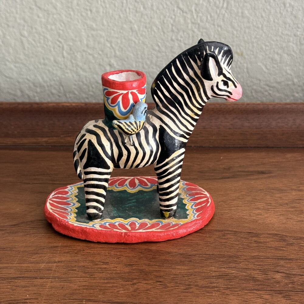 Vintage Izúcar de Matamoros Polychrome Ceramic Zebra Candlestick Holder
